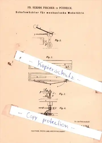 Original Patent  -  Fr. Bernh. Fischer in Pösneck , 1879 , Schusswächter für Webstühle !!!