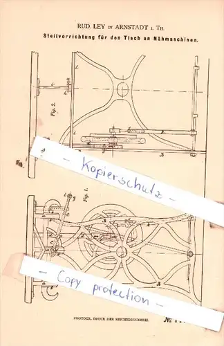Original Patent  - Rud. Ley in Arnstadt i. Th. , 1880 , Stellvorrichtung für den Tisch an Nähmaschinen!!!