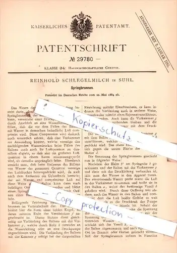 Original Patent  - Reinhold Schlegelmilch in Suhl , 1884 , Springbrunnen !!!