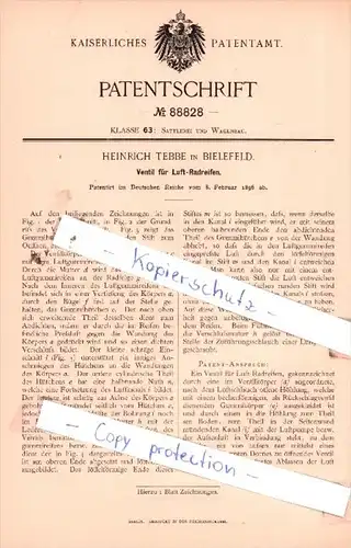 Original Patent  - Heinrich Tebbe in Bielefeld , 1896 ,  Ventil für Luft-Radreifen !!!