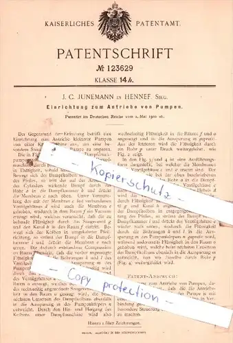 Original Patent  - J. C. Junemann in Hennef, Sieg , 1900 , Einrichtung zum Antriebe von Pumpen !!!