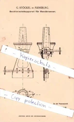 Original Patent  - G. Stöckel in Flensburg , 1890 , Dochteinziehapparat für Rundbrenner !!!