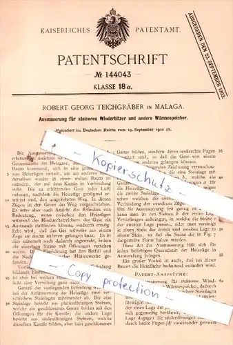 Original Patent  - R. G. Teichgräber in Malaga , 1902 , Ausmauerung für steinerne Winderhitzer !!!