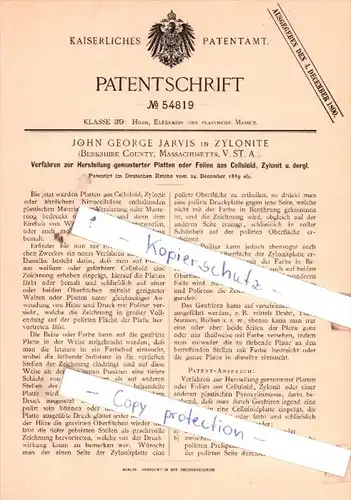 Original Patent  - J. George Jarvis in Zylonite , 1889 , Herstellung gemusterter Platten oder Folien !!!