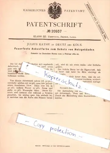 Original Patent  - J. Kathe in Deutz bei Köln , 1882 , Farbstoffe, Firnisse, Lacke !!!