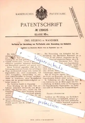 Original Patent  - Emil Helbing in Wandsbek , 1901 , Verfahren zur Herstellung von Torfbriketts !!!