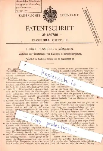 Original Patent  - L. Sensburg in München , 1905 , Überführung von Katechin in Katechurgerbsäure !!!