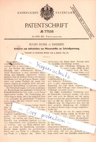 Original Patent  - Eugen Rudel in Dresden , 1894 , Papierfabrikation !!!