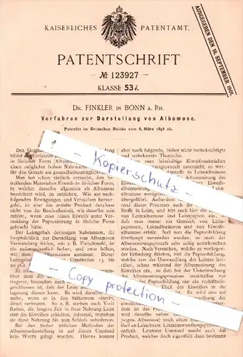 Original Patent  - Dr. Finkler in Bonn a. Rh , 1898 , Verfahren zur Darstellung von Albumose !!!