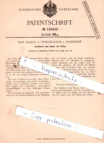 Original Patent  - Max Haack in Oehlingräth b. Ronsdorf , 1901 , Verfahren zum Hauen von Feilen !!!