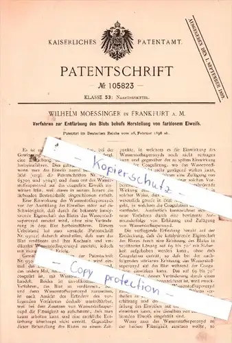 Original Patent  - Wilhelm Moessinger in Frankfurt a. M. , 1898 , Nahrungsmittel !!!