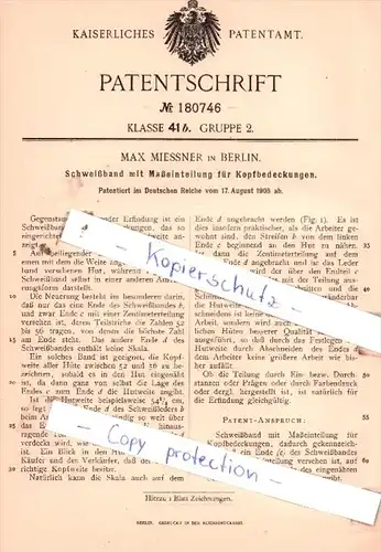 Original Patent  - M. Miessner in Berlin , 1905 , Schweißband mit Maßeinteilung für Kopfbedeckungen !!!