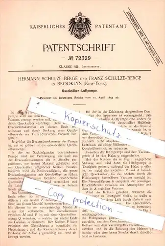 Original Patent  - H. und F. Schulze-Berge in Brooklyn , New-York , 1893 , Instrumente !!!