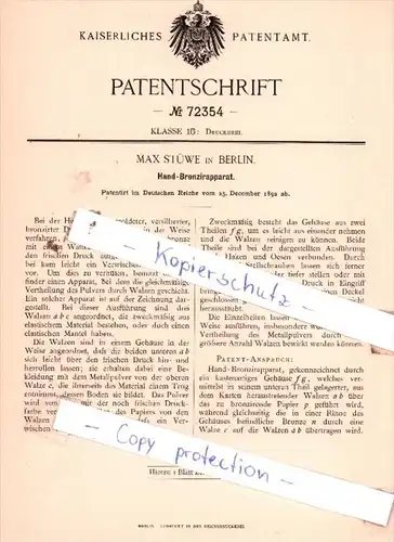 Original Patent  - Max Stüwe in Berlin , 1892 , Hand-Bronzirapparat !!!
