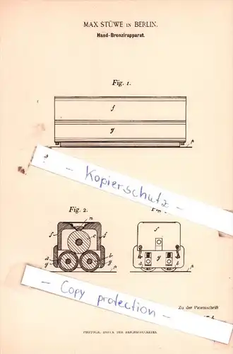 Original Patent  - Max Stüwe in Berlin , 1892 , Hand-Bronzirapparat !!!