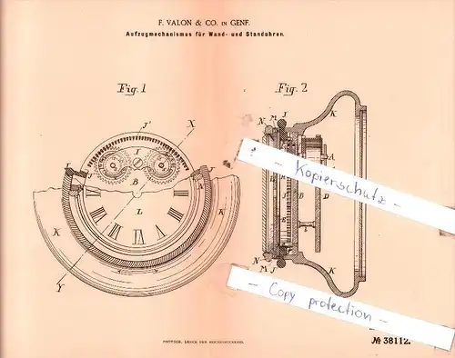Original Patent  - F. Valon & Co. in Genf , 1886 , Uhren !!!