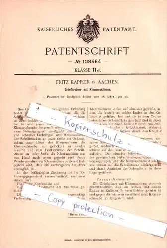 Original Patent  - Fritz Kappler in Aachen , 1901 , Briefordner mit Klemmschiene !!!