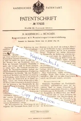 Original Patent  - H. Bodenburg in München , 1894 , Bogenpumpe mit Pendelregulirvorrichtung !!!