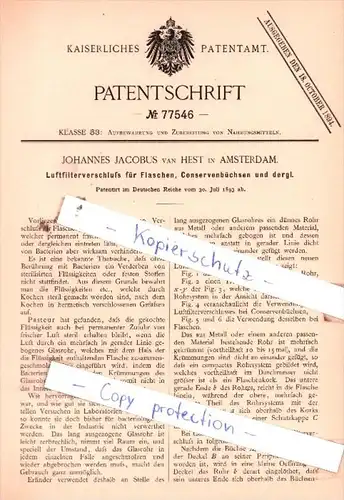 Original Patent  - J. Jacobus van Hest in Amsterdam , 1893 , Luftfilterverschluß für Flaschen !!!