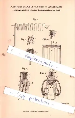 Original Patent  - J. Jacobus van Hest in Amsterdam , 1893 , Luftfilterverschluß für Flaschen !!!