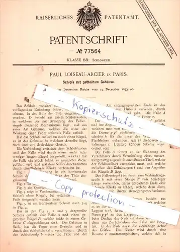 Original Patent  - Paul Loiseau-Arcier in Paris , 1893 , Schloß mit getheiltem Gehäuse !!!