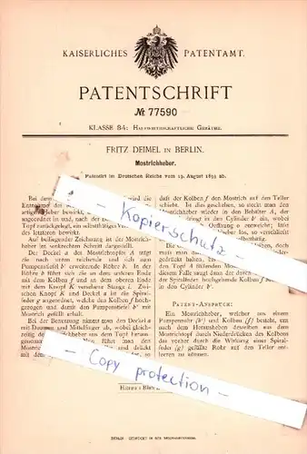 Original Patent  - Fritz Deimel in Berlin , 1893 , Mostrichheber !!!