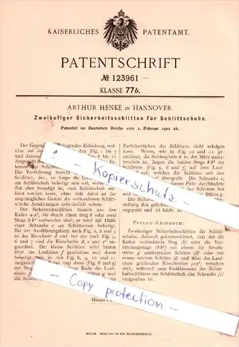 Original Patent  - A. Henke in Hannover , 1901 , Zweikufiger Sicherheitsschlitten für Schlittschuhe !!!