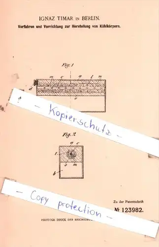 Original Patent  - Ignaz Timar in Berlin , 1898 , Herstellung von Kühlkörpern !!!