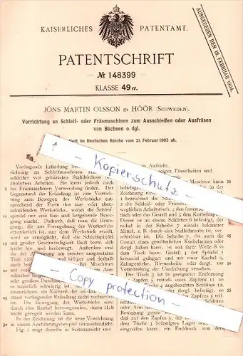 Original Patent  - Jöns Martin Olsson in Höör , Schweden , 1903 , Schleif- oder Fräsmaschinen !!!