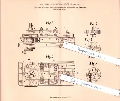 Original Patent  - Jöns Martin Olsson in Höör , Schweden , 1903 , Schleif- oder Fräsmaschinen !!!