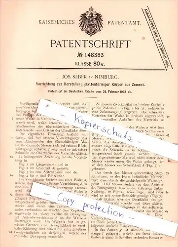 Original Patent  - J. Sebek in Nimburg / Nymburk , 1903 , Herstellung plattenförmiger Körper aus Zement !!!