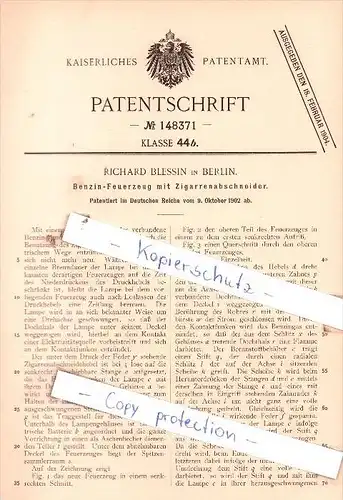 Original Patent  - Richard Blessin in Berlin , 1902 , Benzin-Feuerzeug mit Zigarrenabschneider !!!
