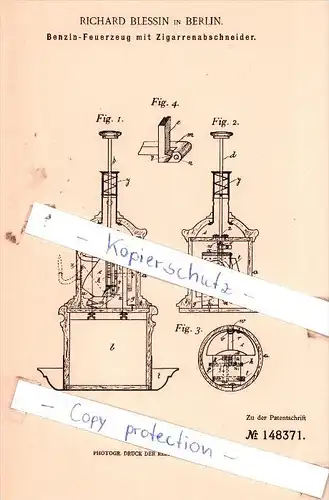 Original Patent  - Richard Blessin in Berlin , 1902 , Benzin-Feuerzeug mit Zigarrenabschneider !!!