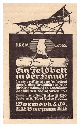 original Werbung - 1916 - Feldbett , Vorwerk & Co, D.R.G.M., Militär , Armee , Krieg , Weltkrieg !!!