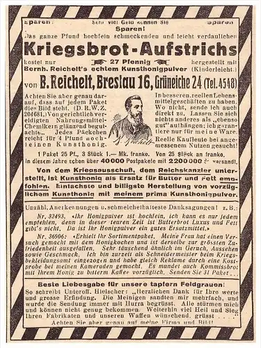 original Werbung - Kriegsbrot - Aufstrich , B. Reichelt in Breslau , Honig , Militär , Armee !!