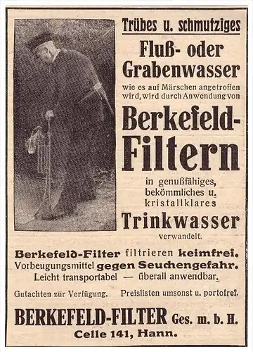 original Werbung - 1916 - Filter für Grabenwasser , Berkefeld-Filter , Celle , Militär , Armee , Weltkrieg , Graben !!
