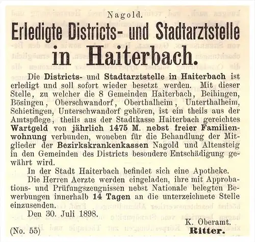 original Werbung - 1898 - District in Haiterbach , Dr. Ritter , Arzt , Kur , Krankenhaus , Apotheke !!!