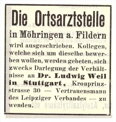 original Werbung - 1904 - Möhringen auf den Fildern , Stuttgart , Dr. Weil , Arzt , Kur , Krankenhaus , Apotheke !!!