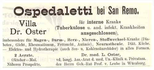 original Werbung - 1904 - Dr. Oster in Ospedaletti b. San Remo , Arzt , Kur , Krankenhaus , Apotheke !!!