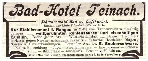 original Werbung - 1904 - Bad Teinach , Mineralbad , Thomä & Mayer in Stuttgart ,Arzt , Kur , Krankenhaus , Apotheke !!!