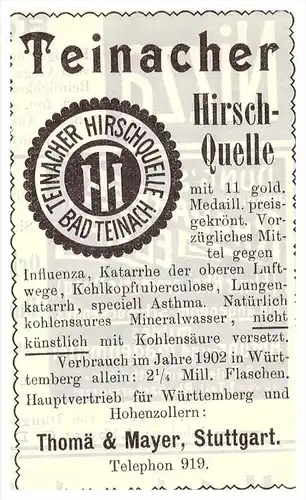 original Werbung - 1904 - Bad Teinach , Mineralbad , Thomä & Mayer in Stuttgart ,Arzt , Kur , Krankenhaus , Apotheke !!!