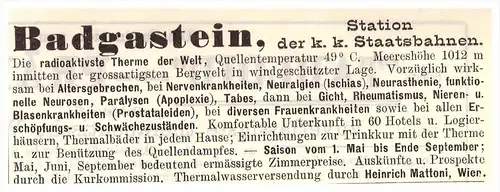 original Werbung - 1908 , radioaktive Therme in Bad Gastein , Kur , Arzt , Krankenhaus !!