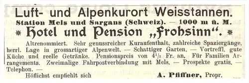 original Werbung - 1908 - Hotel und Pension in Weisstannen b. Mels , Sargans , Dr. Pfiffner , Arzt , Kur , Apotheke !!!