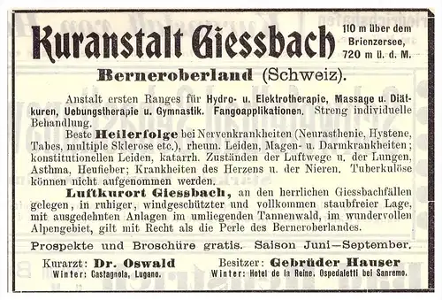 original Werbung - 1908 - Kuranstalt Giessbach , Bernoberland , Kur , Arzt , Krankenhaus !!!