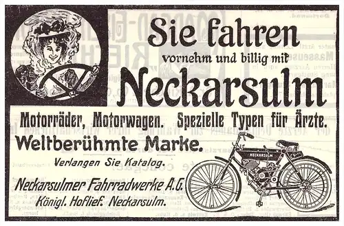 original Werbung - 1908 - NSU Motorrad , Neckarsulm , moto , Motorräder !!!
