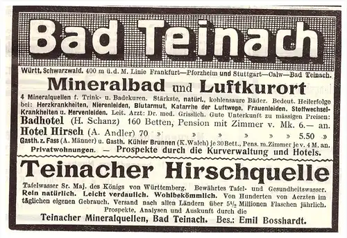 original Werbung - 1912 - Bad Teinach , Mineralbad , Arzt , Kur , Krankenhaus , Apotheke !!!