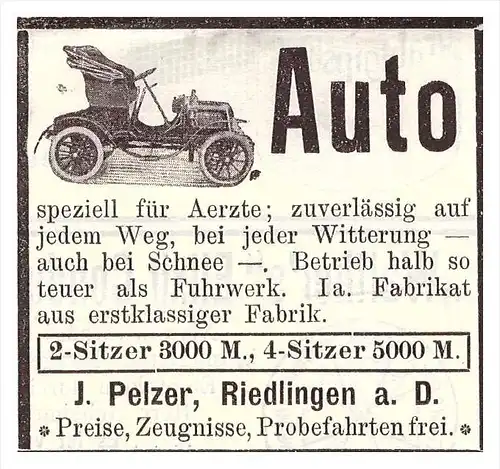 original Werbung - 1905 - J. Pelzer in Riedlingen a.D. , moto , Automobile !!!