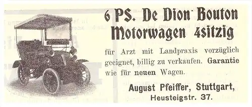 original Werbung - 1905 - Motorwagen 6 PS , De Dion Bouton , A. Pfeiffer in Stuttgart , moto , Automobile !!!