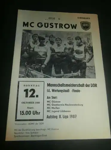 Speedway Güstrow 12.10.1986 , DDR Meisterschaft Final , Programmheft , Programm , Rennprogramm !!!