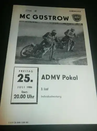 Speedway Güstrow 25.07.1986 , ADMV Pokal , Programmheft , Programm , Rennprogramm !!!